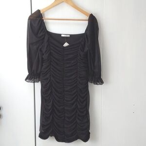 Timing LA Black Rouched Sheer Sleeve Black whimsigoth Edgy Mini Dress Sz.L